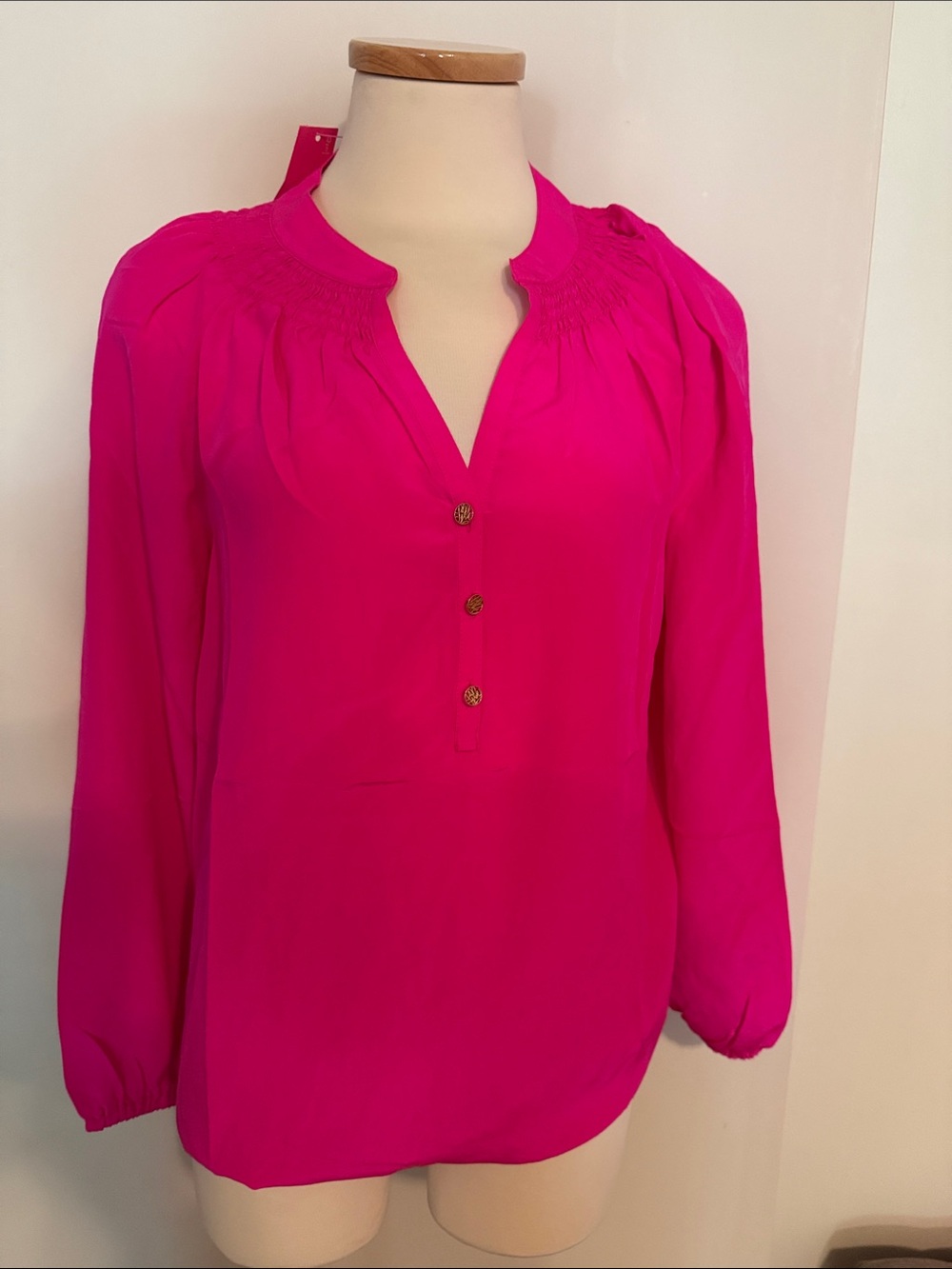 Lilly Pulitzer Bright Fuchsia Split-Neck Long Sleeve Blouse